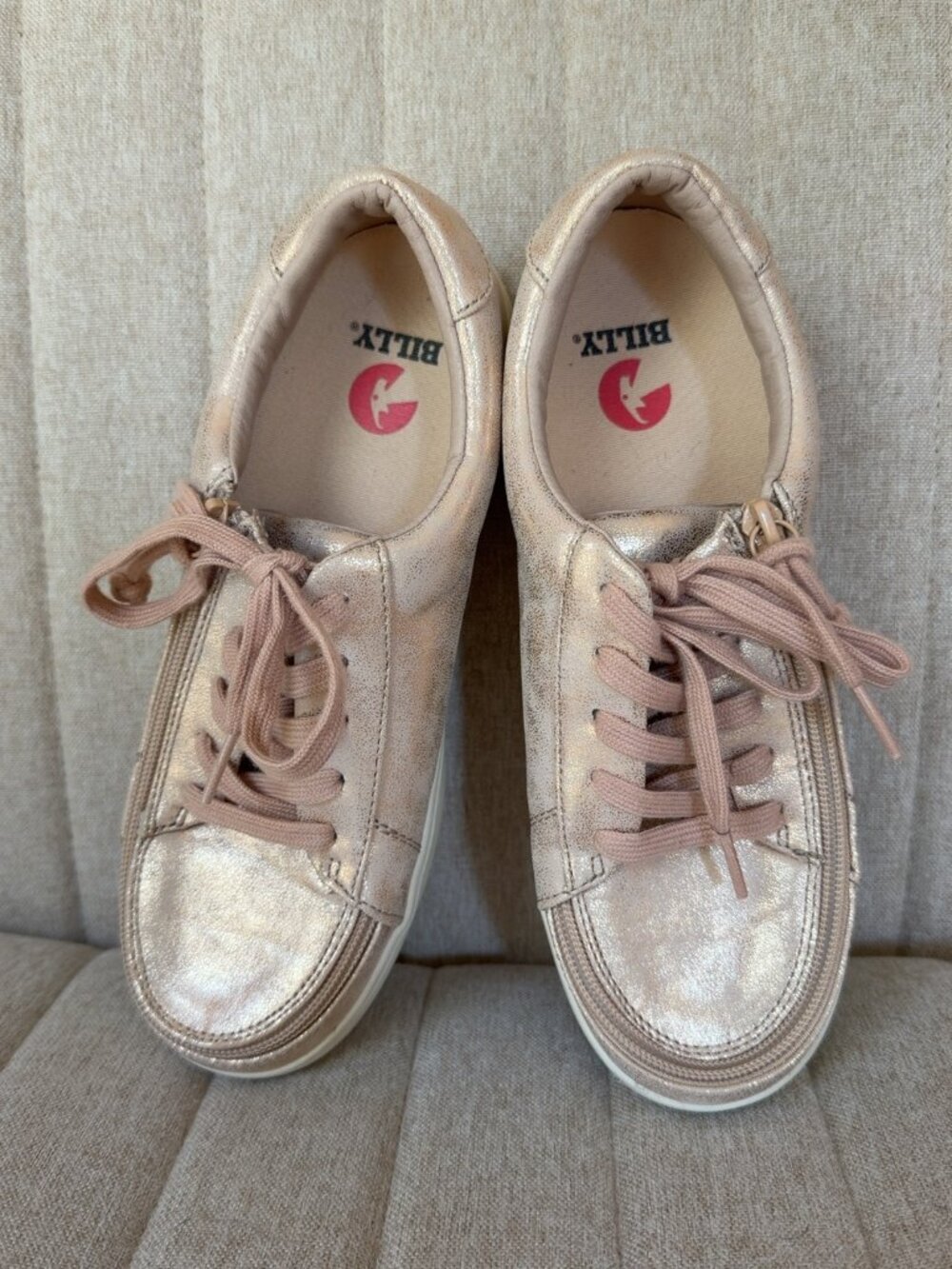 BILLY Footwear, Rose Gold Metallic, Adaptive Zip Sneakers, Women’s, Size 7.5